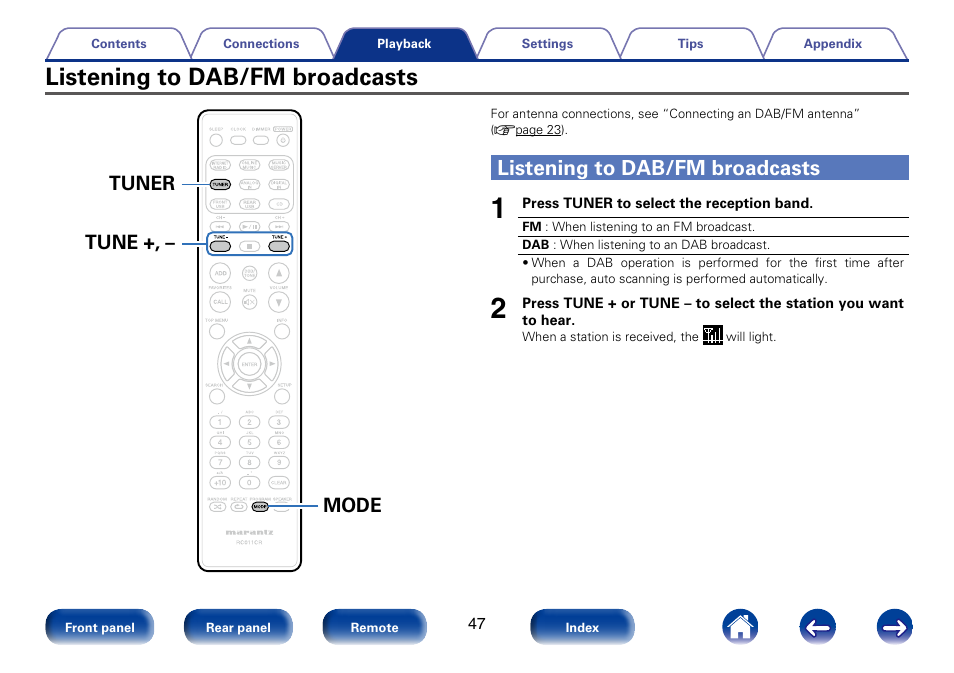 Listening to dab/fm broadcasts, Tuner tune +, – mode | Marantz M-CR610 User Manual | Page 47 / 132