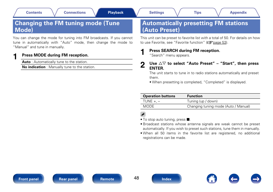 Changing the fm tuning mode (tune mode), Automatically presetting fm stations (auto preset) | Marantz M-CR610 User Manual | Page 48 / 132
