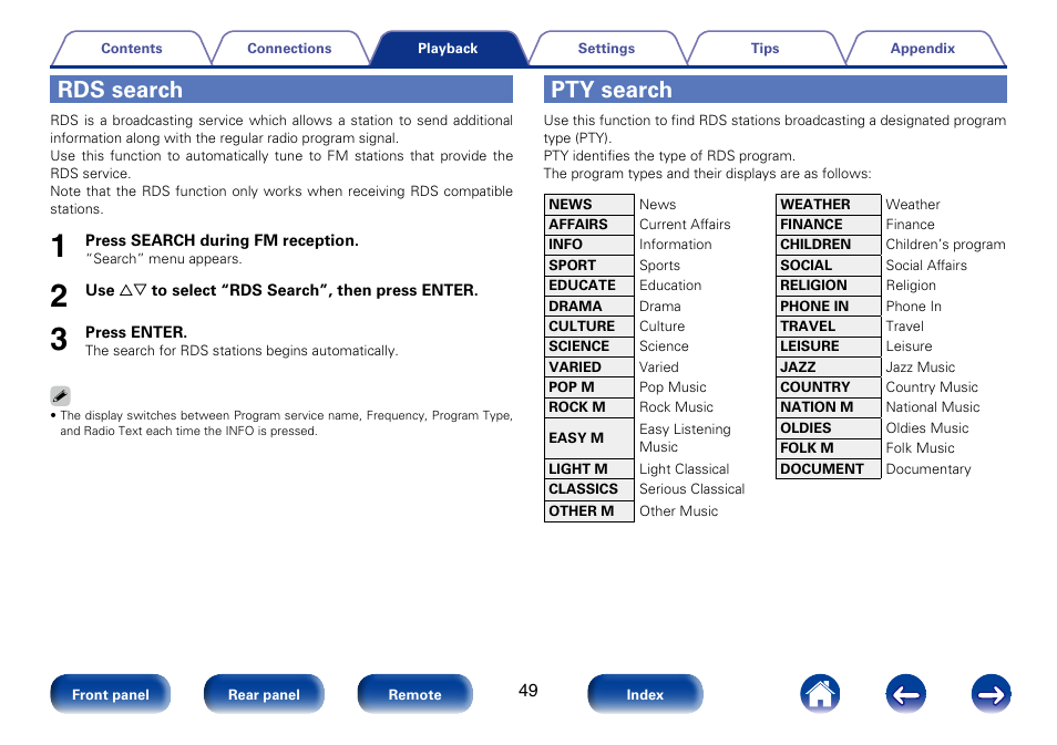 Rds search, Pty search | Marantz M-CR610 User Manual | Page 49 / 132