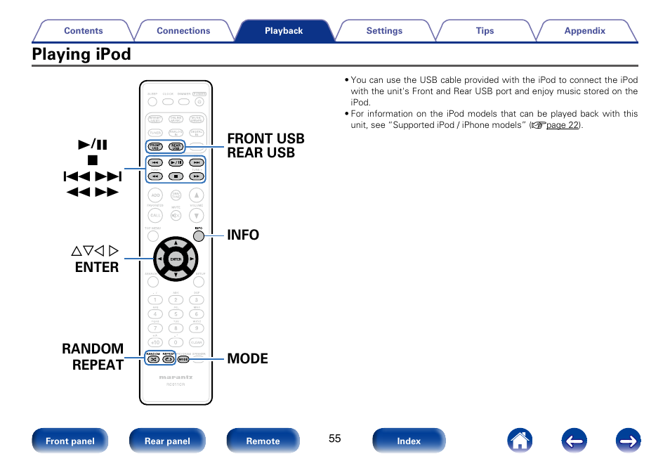 Playing ipod | Marantz M-CR610 User Manual | Page 55 / 132