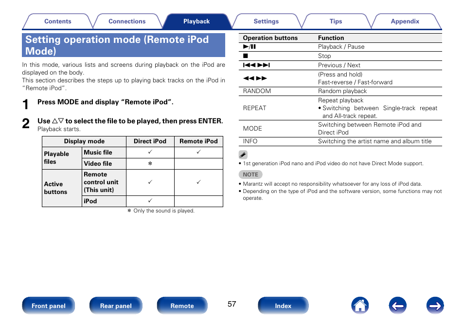 Setting operation mode (remote ipod mode) | Marantz M-CR610 User Manual | Page 57 / 132