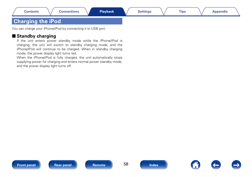 Charging the ipod, 2 standby charging | Marantz M-CR610 User Manual | Page 58 / 132
