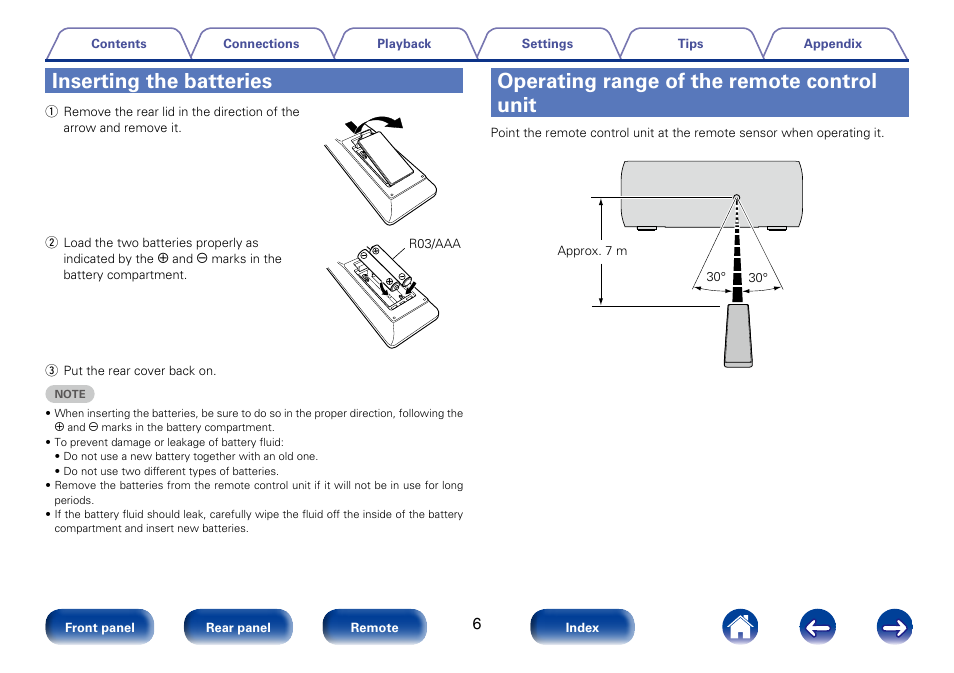 Inserting the batteries, Operating range of the remote control unit | Marantz M-CR610 User Manual | Page 6 / 132