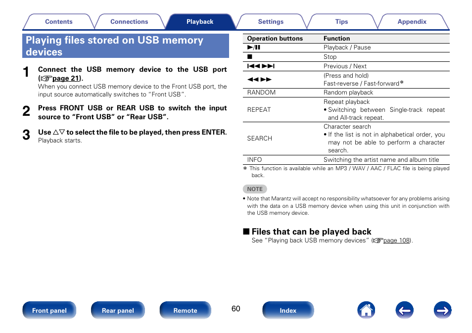Playing files stored on usb memory devices, 2 files that can be played back | Marantz M-CR610 User Manual | Page 60 / 132