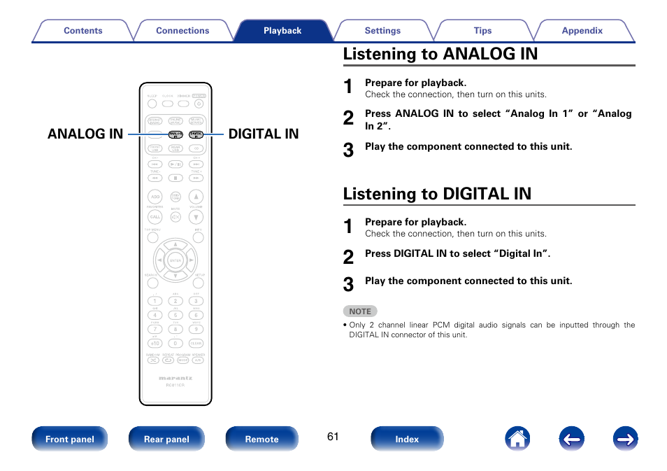 Listening to analog in, Listening to digital in | Marantz M-CR610 User Manual | Page 61 / 132