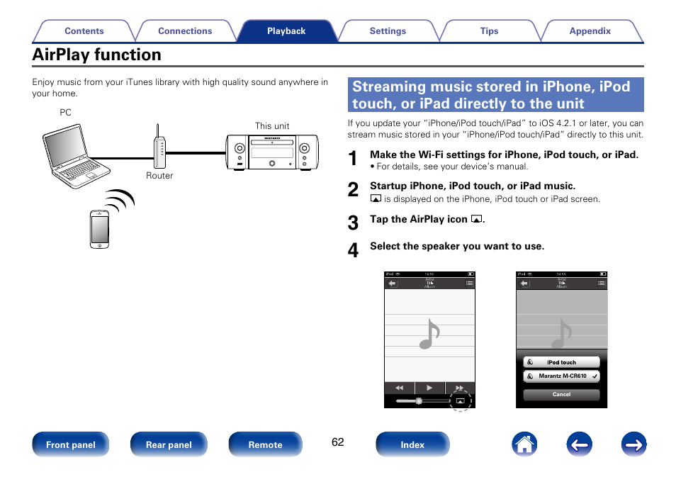 Airplay function, Streaming music stored in iphone, ipod touch | Marantz M-CR610 User Manual | Page 62 / 132