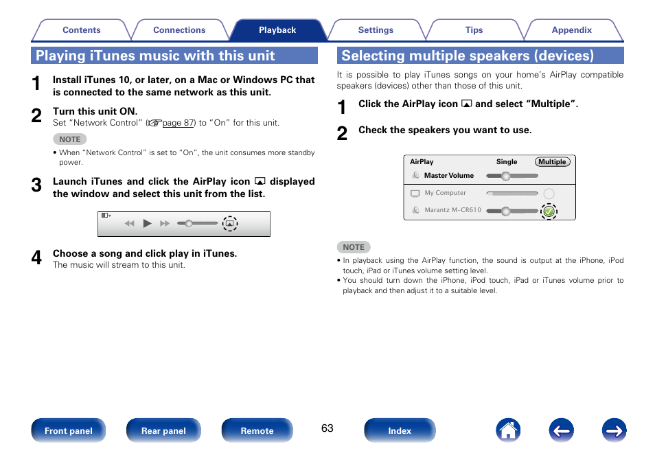 Playing itunes music with this unit, Selecting multiple speakers (devices) | Marantz M-CR610 User Manual | Page 63 / 132