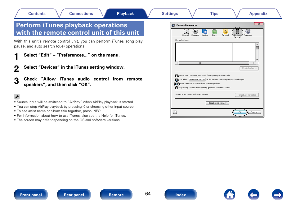 Select “edit” – “preferences...” on the menu, Select “devices” in the itunes setting window | Marantz M-CR610 User Manual | Page 64 / 132