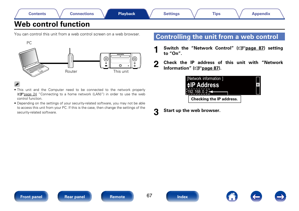 Web control function, Controlling the unit from a web control, Ip address | Marantz M-CR610 User Manual | Page 67 / 132