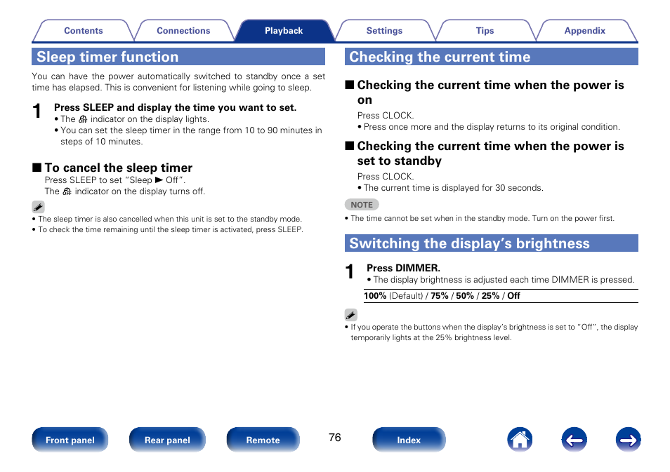 Sleep timer function, Checking the current time, Switching the display’s brightness | Marantz M-CR610 User Manual | Page 76 / 132