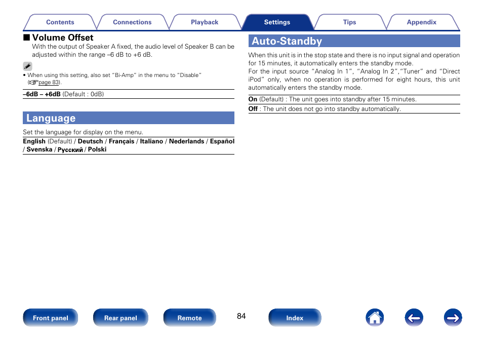 Language, Auto-standby, 2 volume offset | Marantz M-CR610 User Manual | Page 84 / 132