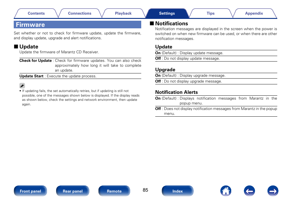 Firmware, 2 update, 2 notifications | Marantz M-CR610 User Manual | Page 85 / 132