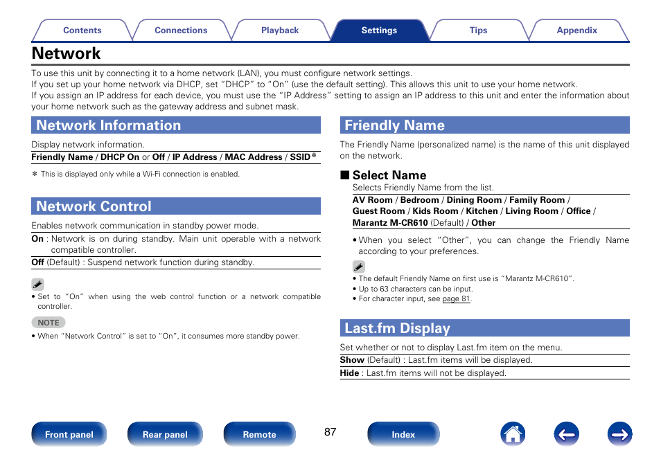 Network, Network information, Network control | Friendly name, Last.fm display, Network information”), Check the ip address of this unit with “network, 2 select name | Marantz M-CR610 User Manual | Page 87 / 132