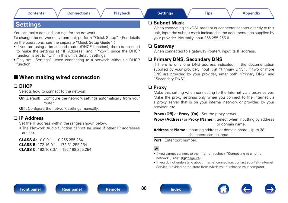 Settings, 2 when making wired connection | Marantz M-CR610 User Manual | Page 88 / 132