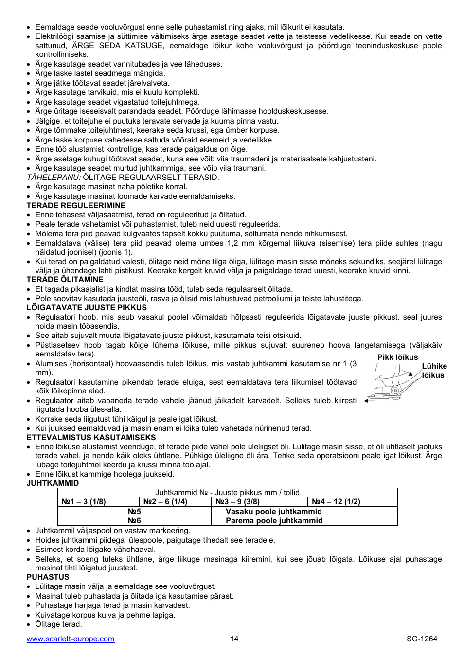 Terade reguleerimine, Terade õlitamine, Lõigatavate juuste pikkus | Ettevalmistus kasutamiseks, Juhtkammid, Puhastus | Scarlett SC-1264 User Manual | Page 14 / 19