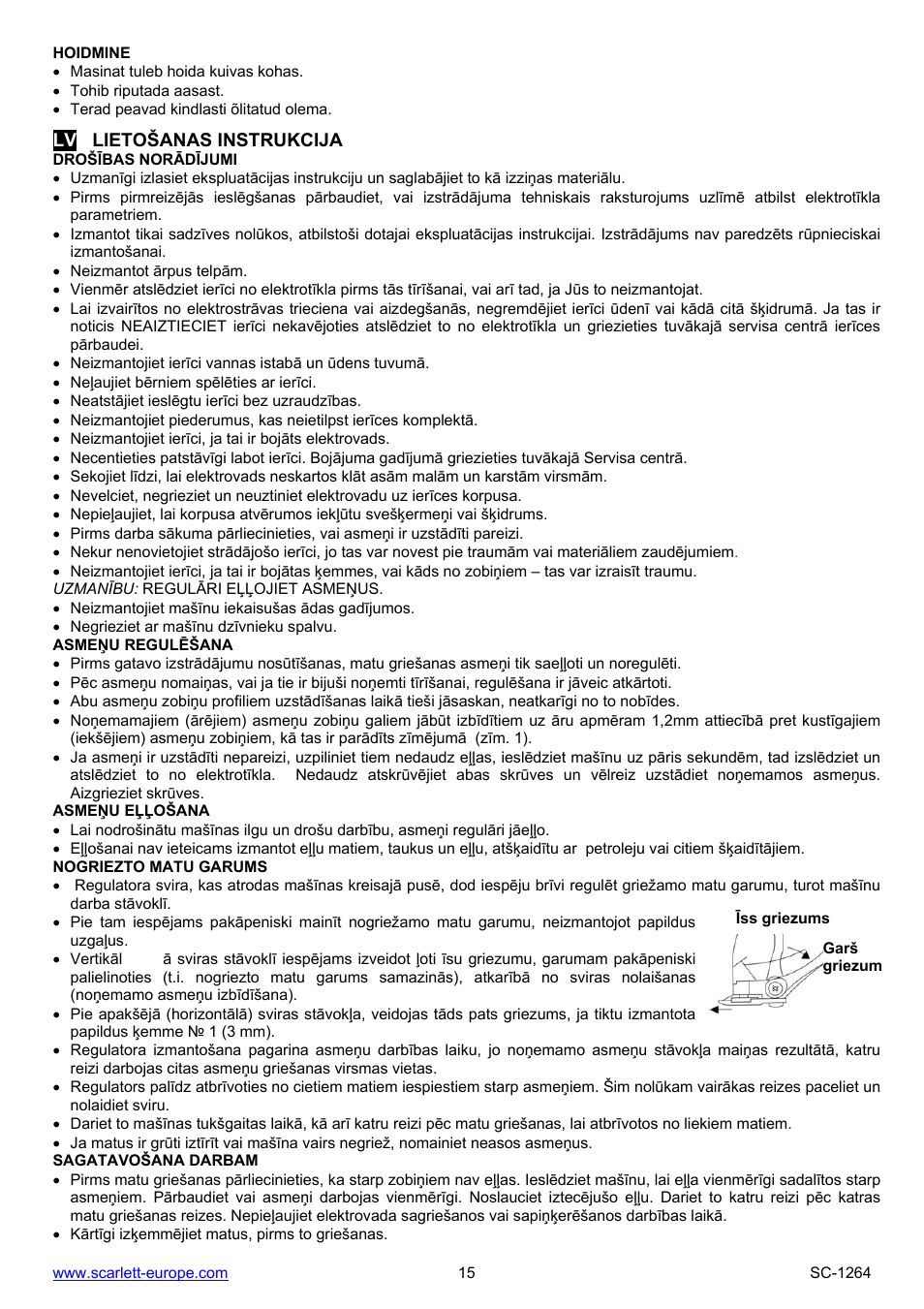 Hoidmine, Lv lietošanas instrukcija, Drošības norādījumi | Asmeņu regulēšana, Asmeņu eļļošana, Nogriezto matu garums, Sagatavošana darbam | Scarlett SC-1264 User Manual | Page 15 / 19