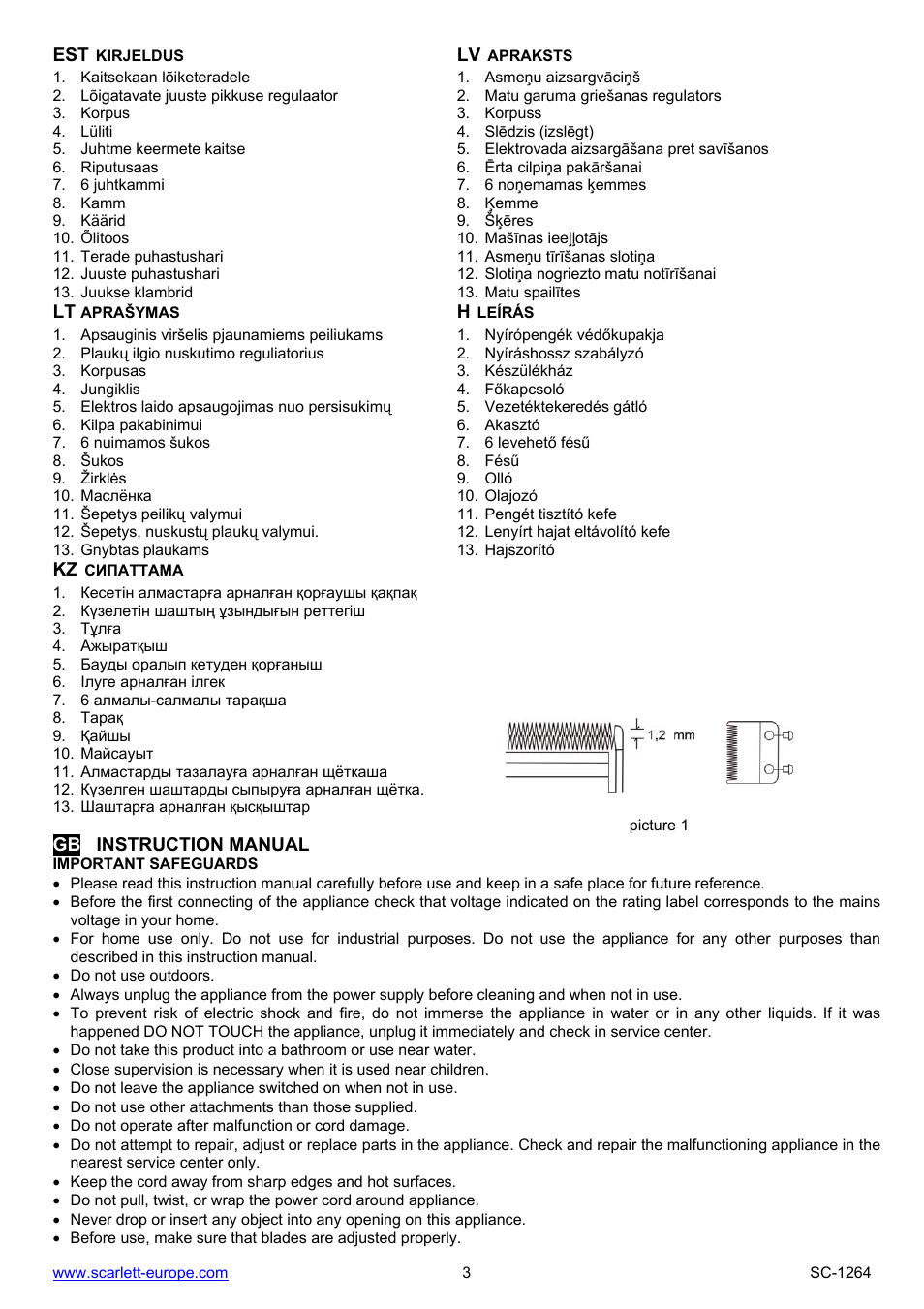 Est kirjeldus, Lv apraksts, Lt aprašymas | H leírás, Kz сипаттама, Gb instruction manual, Important safeguards | Scarlett SC-1264 User Manual | Page 3 / 19