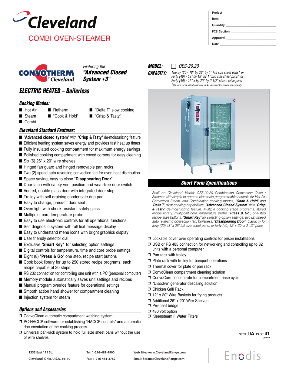 Cleveland Range Enodis OES-20.20 User Manual | 2 pages