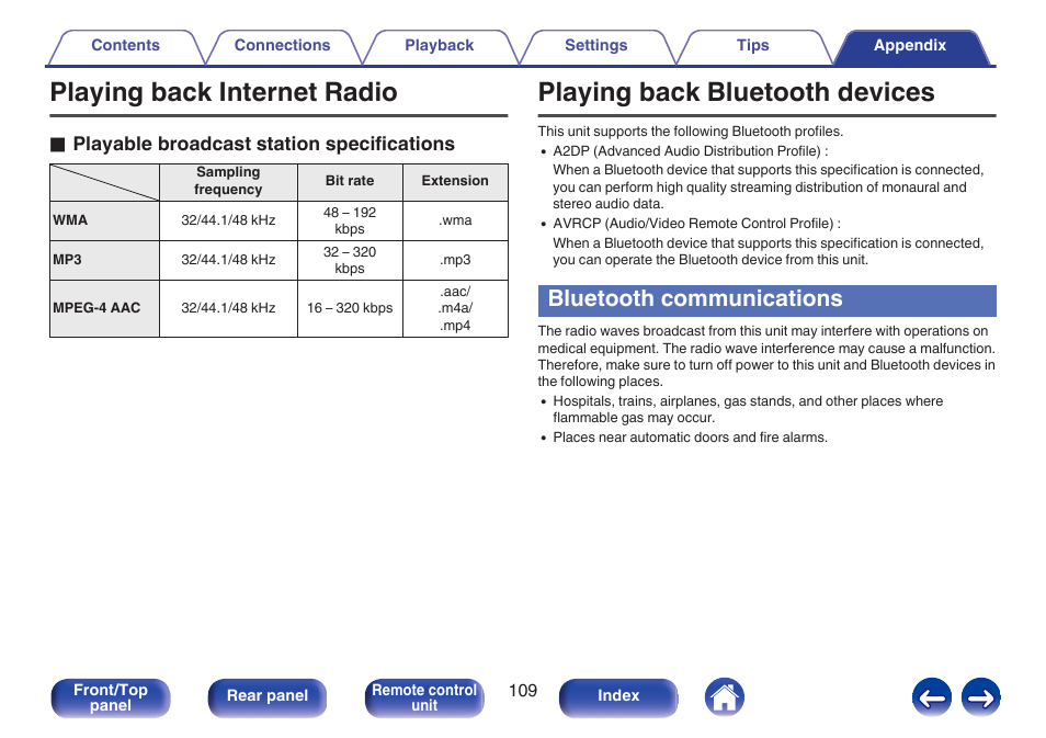 Playing back internet radio, Playing back bluetooth devices, Bluetooth communications | See “playing back internet radio” (v p. 109), O playable broadcast station specifications | Marantz M-CR511 User Manual | Page 109 / 133