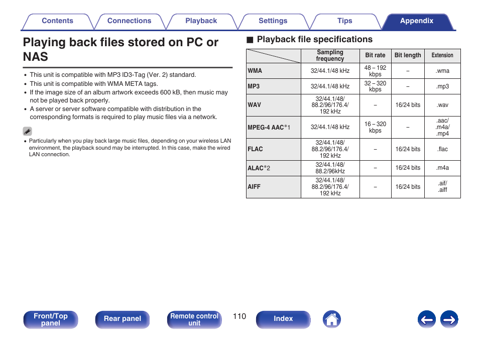 Playing back files stored on pc or nas, O playback file specifications | Marantz M-CR511 User Manual | Page 110 / 133