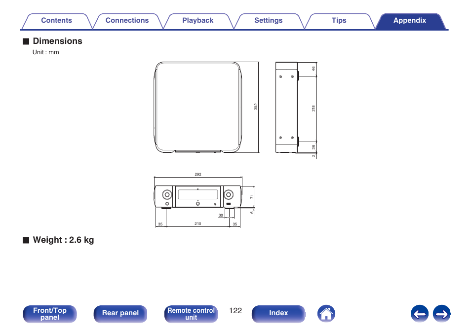 O dimensions, O weight : 2.6 kg | Marantz M-CR511 User Manual | Page 122 / 133