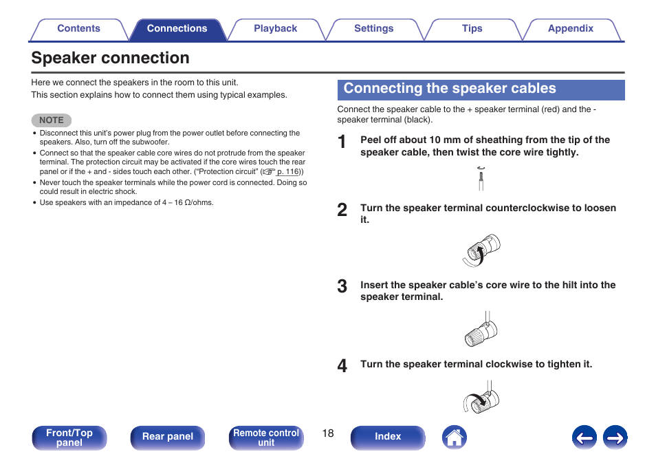 Speaker connection, Connecting the speaker cables, Used to connect speakers. (v p. 18) | Marantz M-CR511 User Manual | Page 18 / 133