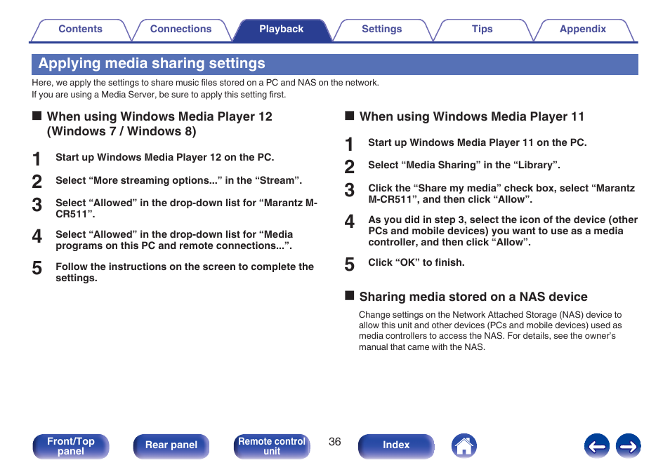 Applying media sharing settings | Marantz M-CR511 User Manual | Page 36 / 133