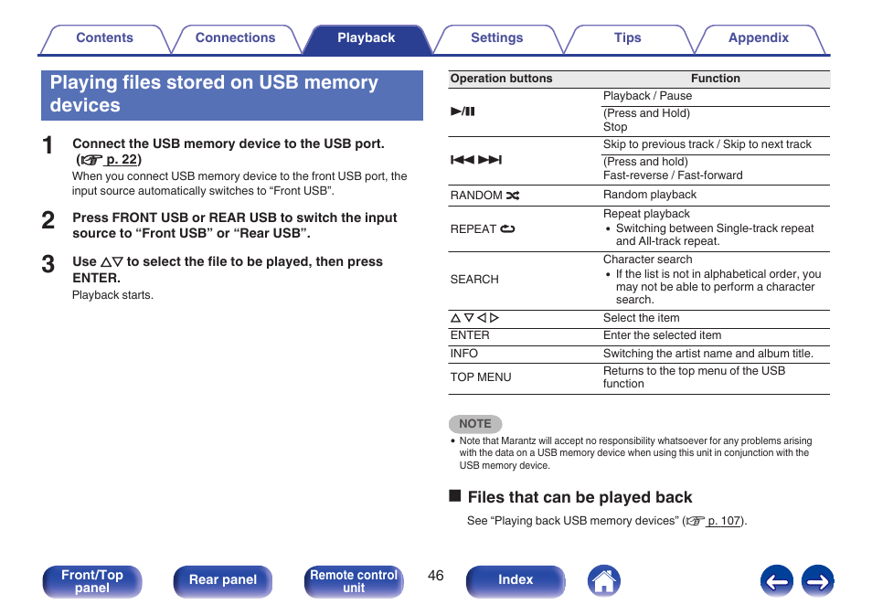 Playing files stored on usb memory devices, V p. 46) | Marantz M-CR511 User Manual | Page 46 / 133