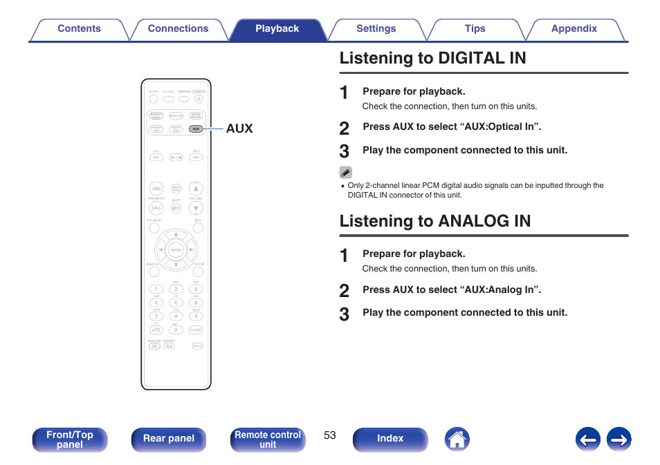 Listening to digital in, Listening to analog in | Marantz M-CR511 User Manual | Page 53 / 133
