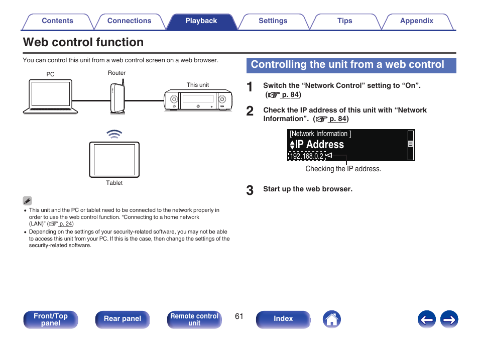 Web control function, Controlling the unit from a web control, Ip address | Marantz M-CR511 User Manual | Page 61 / 133