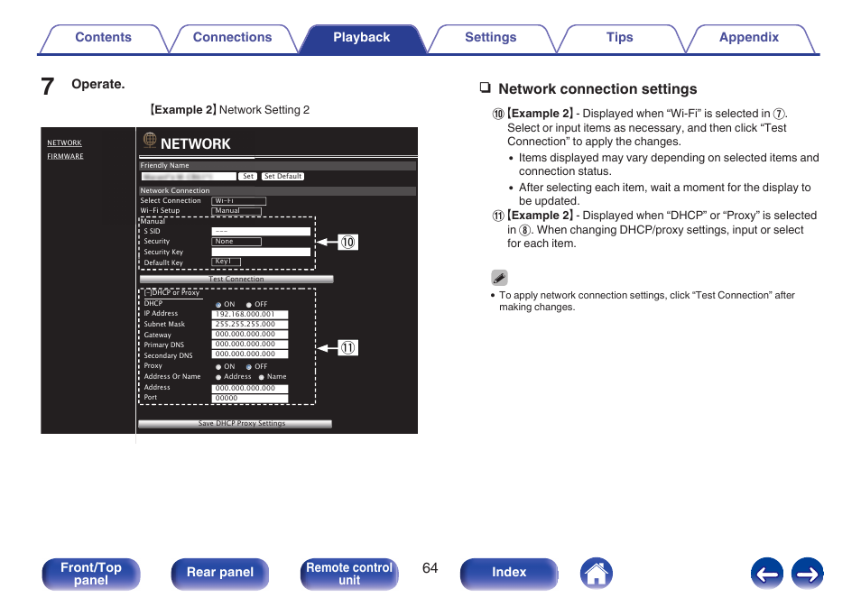 N network connection settings, Network, Q1 q0 | Marantz M-CR511 User Manual | Page 64 / 133