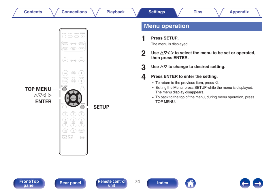 Menu operation, To back to the top of the menu. (v p. 74) | Marantz M-CR511 User Manual | Page 74 / 133