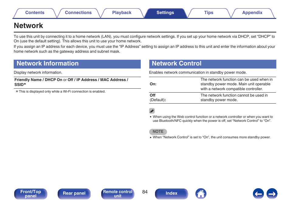 Network, Network information, Network control | Address, etc., at “network”. (v p. 84), Information” ( v p. 84), V p. 84) | Marantz M-CR511 User Manual | Page 84 / 133