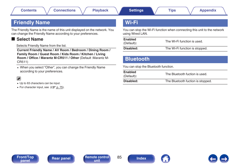 Friendly name, Wi-fi, Bluetooth | Friendly name (v p. 85), Oselect name | Marantz M-CR511 User Manual | Page 85 / 133