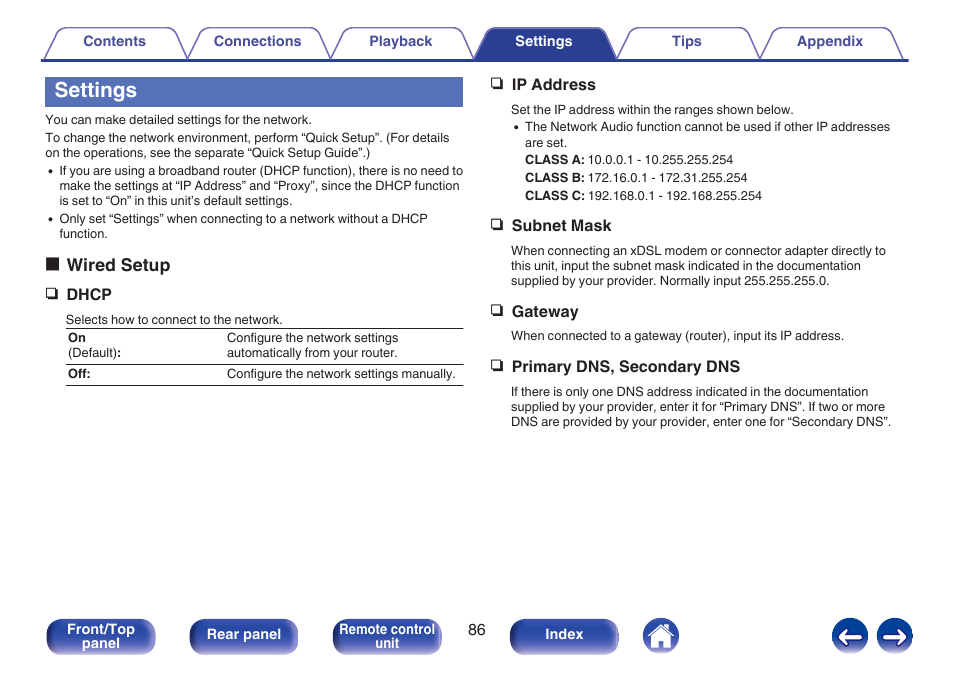 Settings, Settings” (v p. 86), V p. 86) | Owired setup | Marantz M-CR511 User Manual | Page 86 / 133