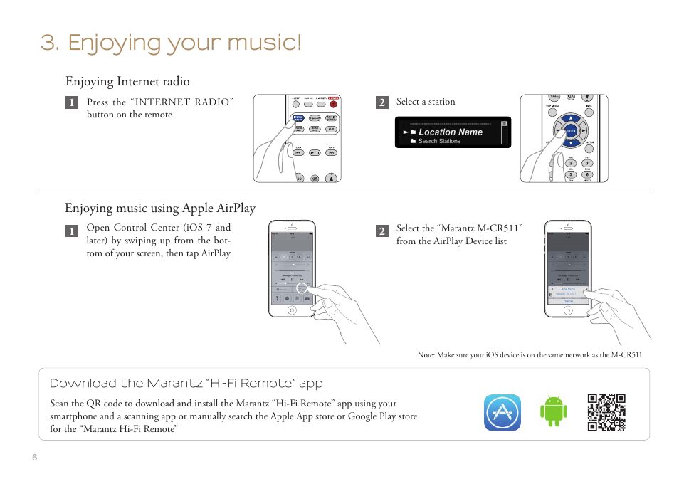 Enjoying your music, Enjoying music using apple airplay, Enjoying internet radio | Marantz M-CR511 Quick Start User Manual | Page 6 / 8
