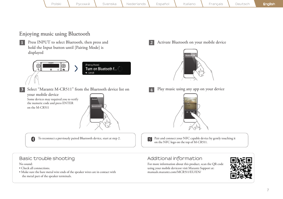 Enjoying music using bluetooth, Play music using any app on your device, Activate bluetooth on your mobile device | Basic trouble shooting | Marantz M-CR511 Quick Start User Manual | Page 7 / 8