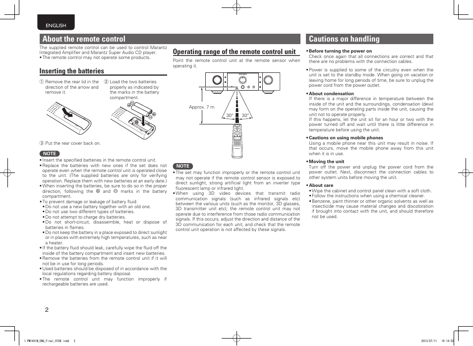 Cautions on handling, About the remote control, Operating range of the remote control unit | Inserting the batteries | Marantz PM-14S1 User Manual | Page 10 / 36
