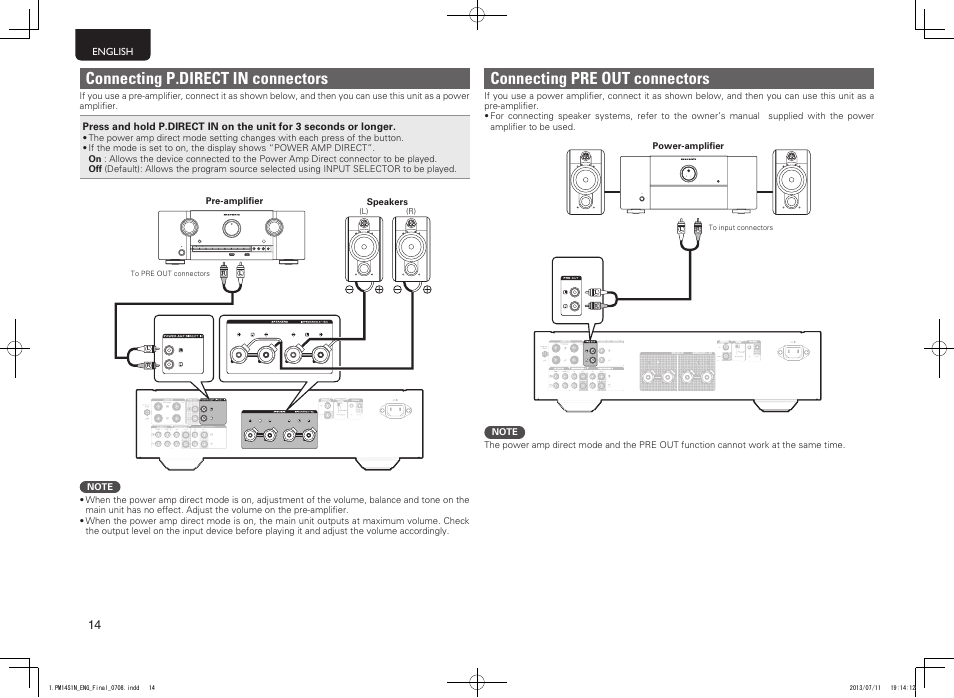 Connecting p.direct in connectors, Connecting pre out connectors | Marantz PM-14S1 User Manual | Page 22 / 36