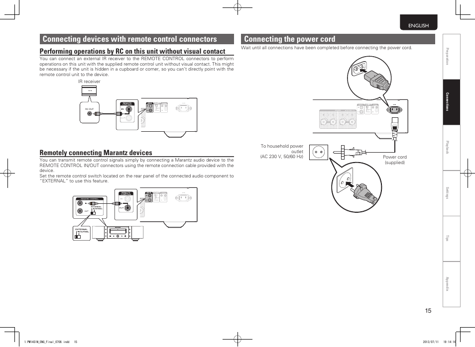 Connecting devices with remote control connectors, Connecting the power cord, Remotely connecting marantz devices | Marantz PM-14S1 User Manual | Page 23 / 36