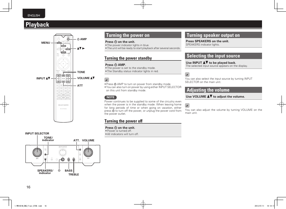 Playback, Turning the power on, Turning speaker output on | Selecting the input source, Adjusting the volume, Turning the power standby, Turning the power off | Marantz PM-14S1 User Manual | Page 24 / 36