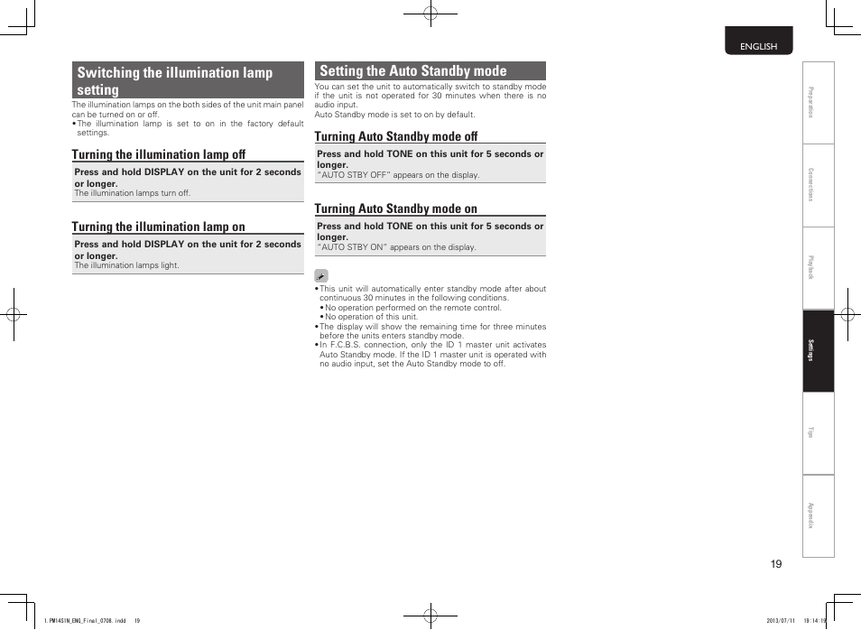 Switching the illumination lamp setting, Setting the auto standby mode, Turning the illumination lamp off | Turning the illumination lamp on, Turning auto standby mode off, Turning auto standby mode on | Marantz PM-14S1 User Manual | Page 27 / 36