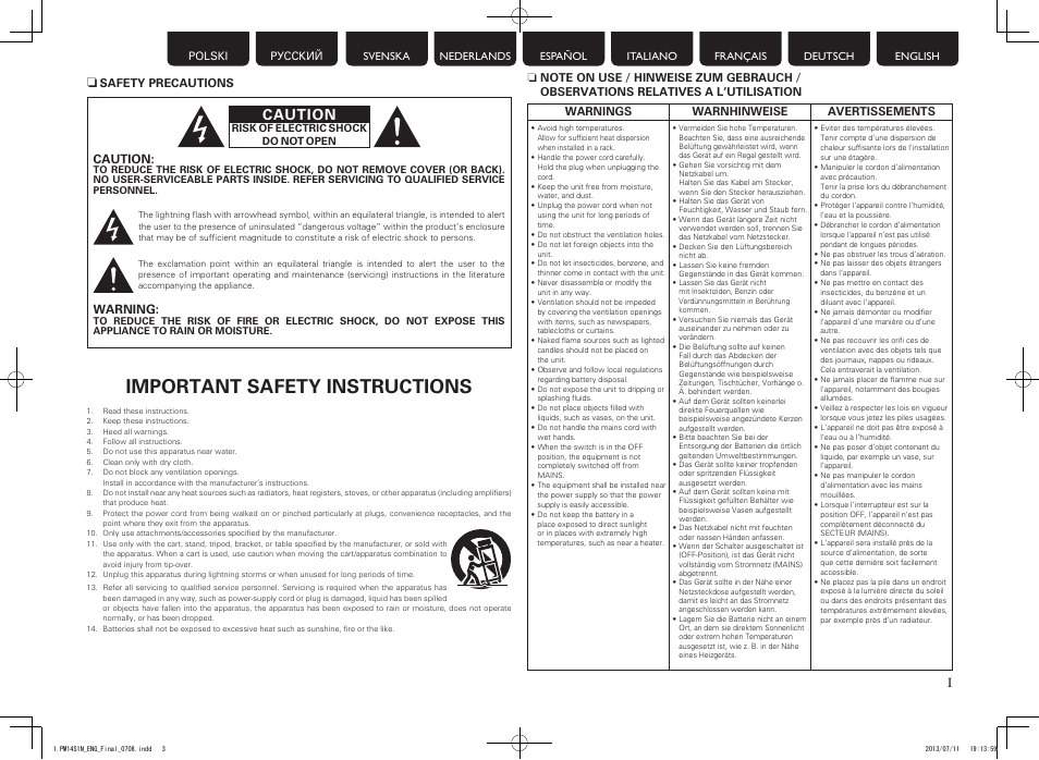 Important safety instructions, Caution, Warning | Marantz PM-14S1 User Manual | Page 3 / 36