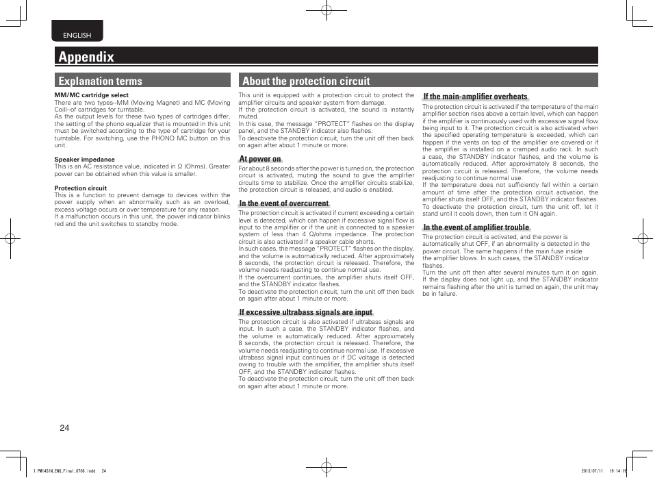 Appendix, Explanation terms, About the protection circuit | Marantz PM-14S1 User Manual | Page 32 / 36