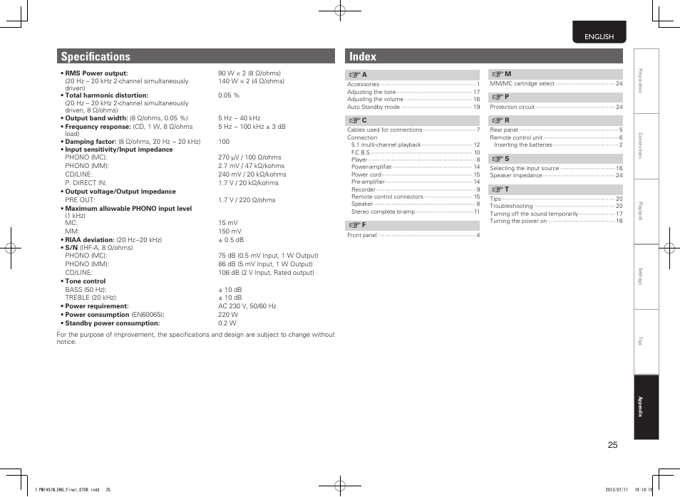 Specifications, Index | Marantz PM-14S1 User Manual | Page 33 / 36
