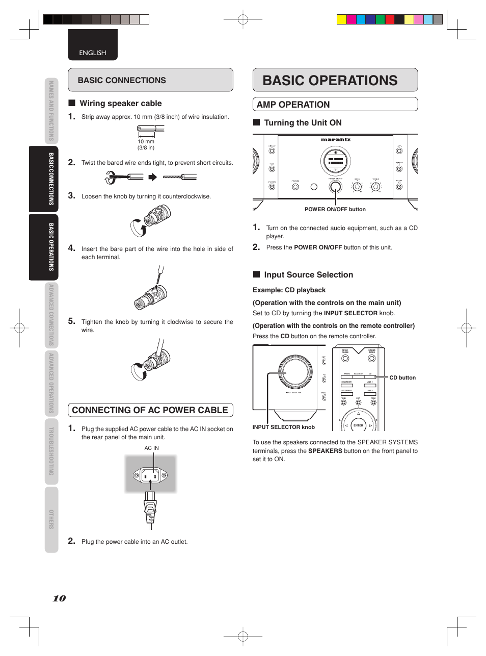 Basic operations, Connecting of ac power cable 1, Amp operation | Basic connections, Wiring speaker cable, Turning the unit on, Input source selection | Marantz PM-15S2 User Manual | Page 16 / 33