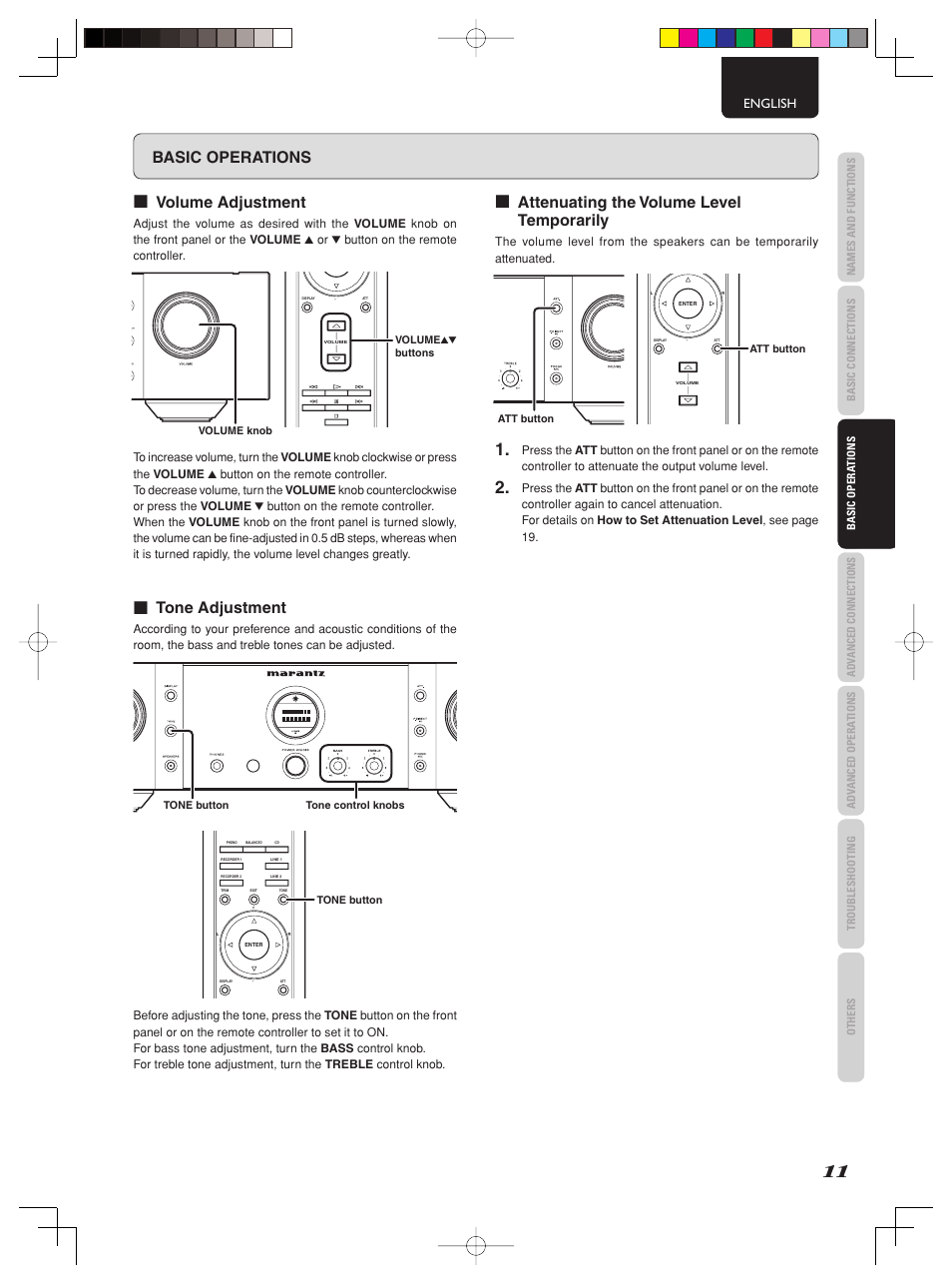 Basic operations, Volume adjustment, Tone adjustment | Attenuating the volume level temporarily, English | Marantz PM-15S2 User Manual | Page 17 / 33