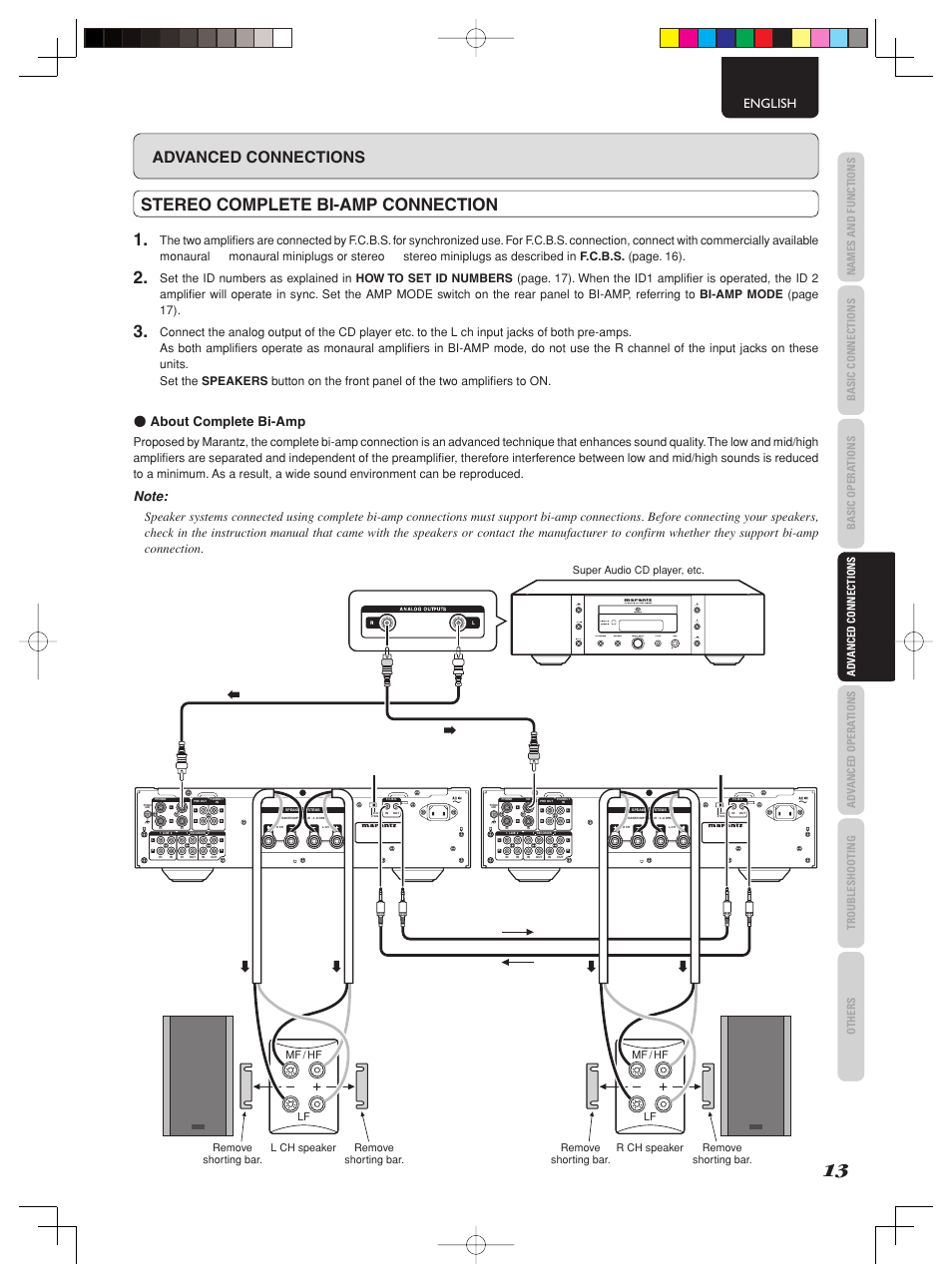 Stereo complete bi-amp connection 1, Lch （id 1） rch （id 2, Advanced connections | Open/ close play stop pause, English, About complete bi-amp | Marantz PM-15S2 User Manual | Page 19 / 33