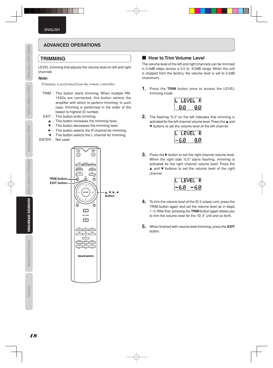 Trimming, Advanced operations, How to trim volume level | Marantz PM-15S2 User Manual | Page 24 / 33