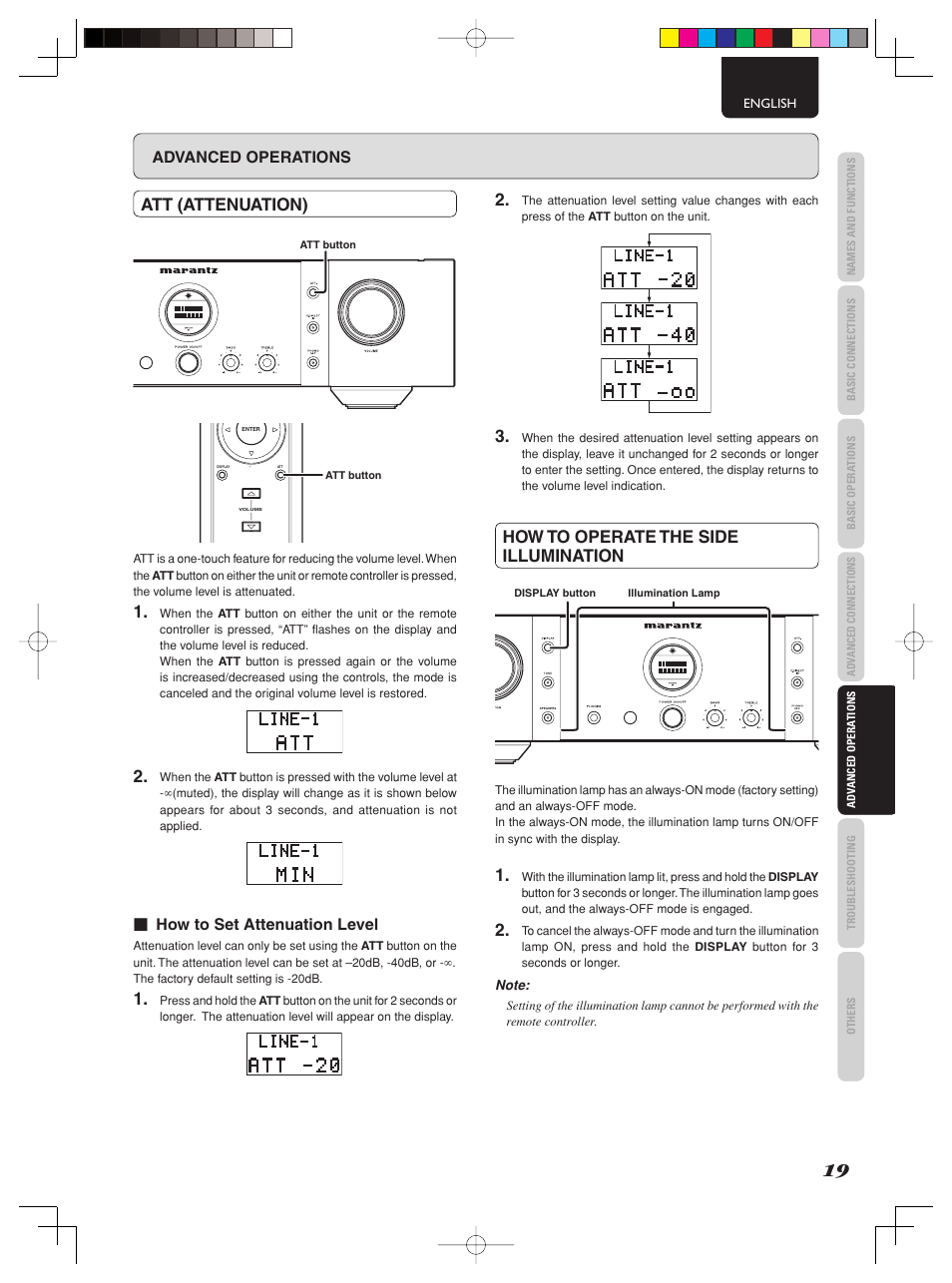 Att (attenuation), How to operate the side illumination, Advanced operations | How to set attenuation level | Marantz PM-15S2 User Manual | Page 25 / 33